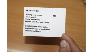 Hand holding presentation cue card with prompts